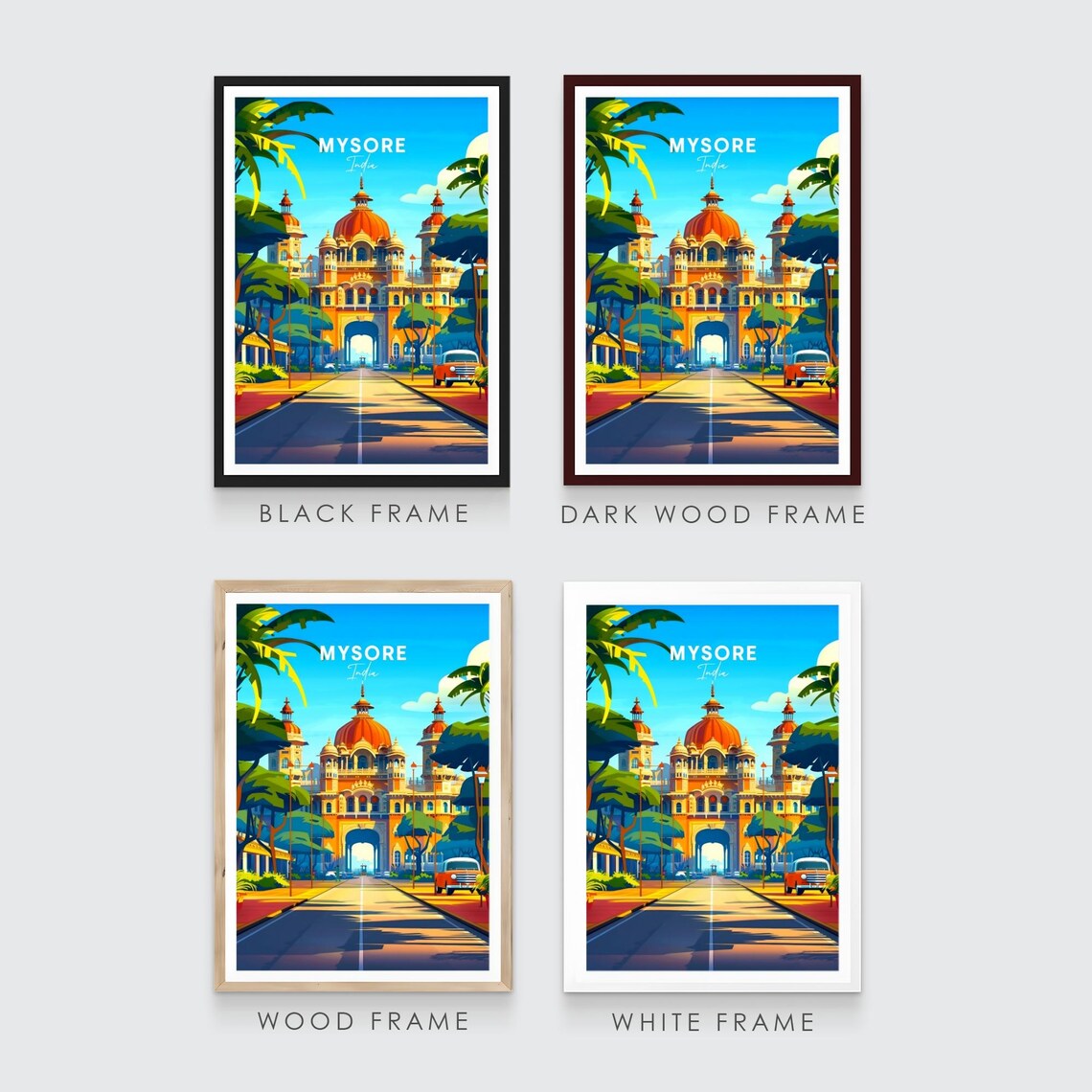 Mysore India Royal Palace Street Vintage Car Sunset Travel Poster - Image 3