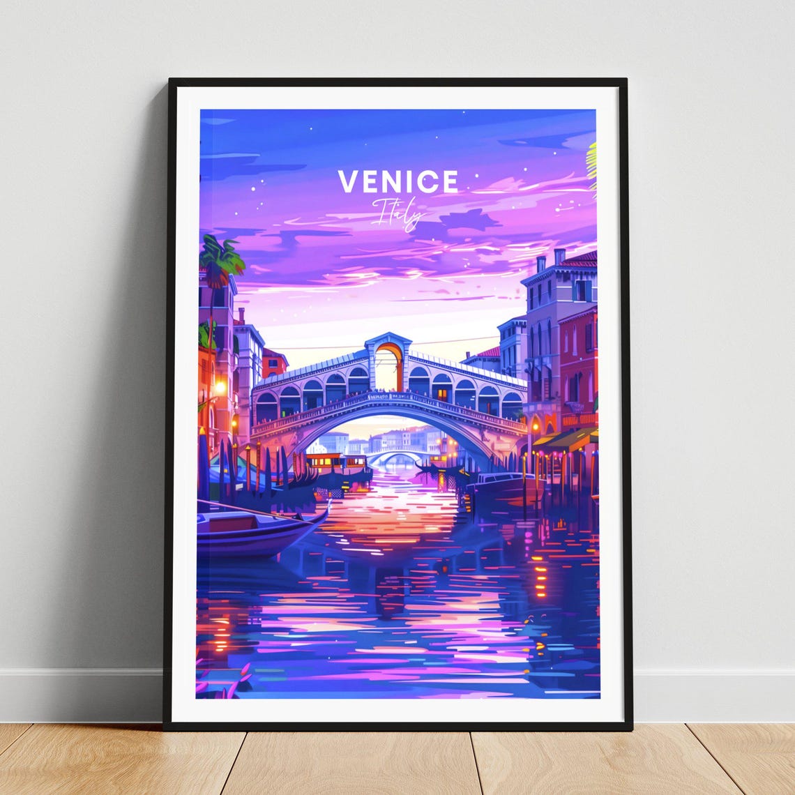 Venice Italy Grand Canal Rialto Bridge Night Lights Reflections Poster