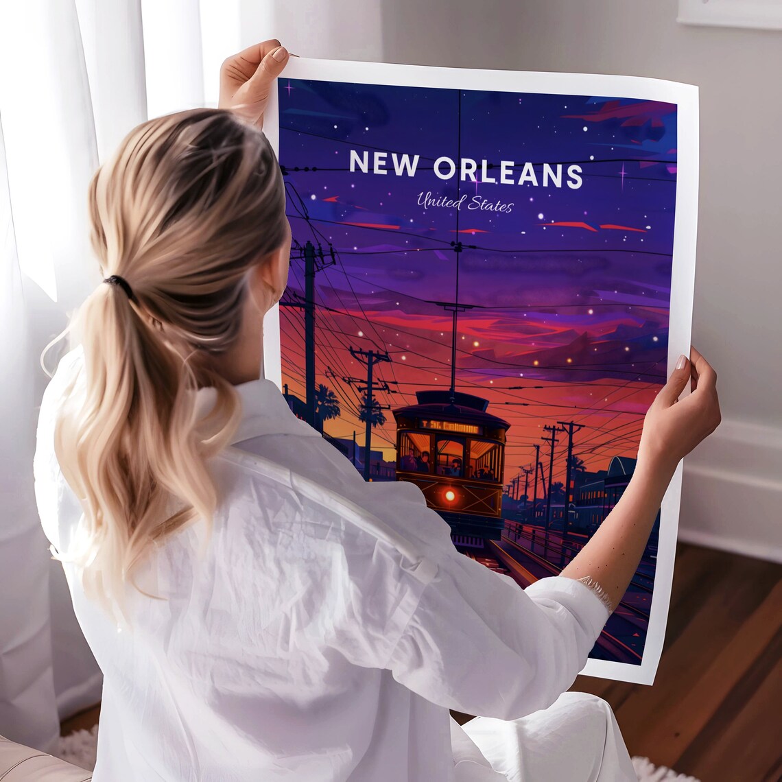 New Orleans St Charles Streetcar Starry Night Scene Travel Poster - Image 3
