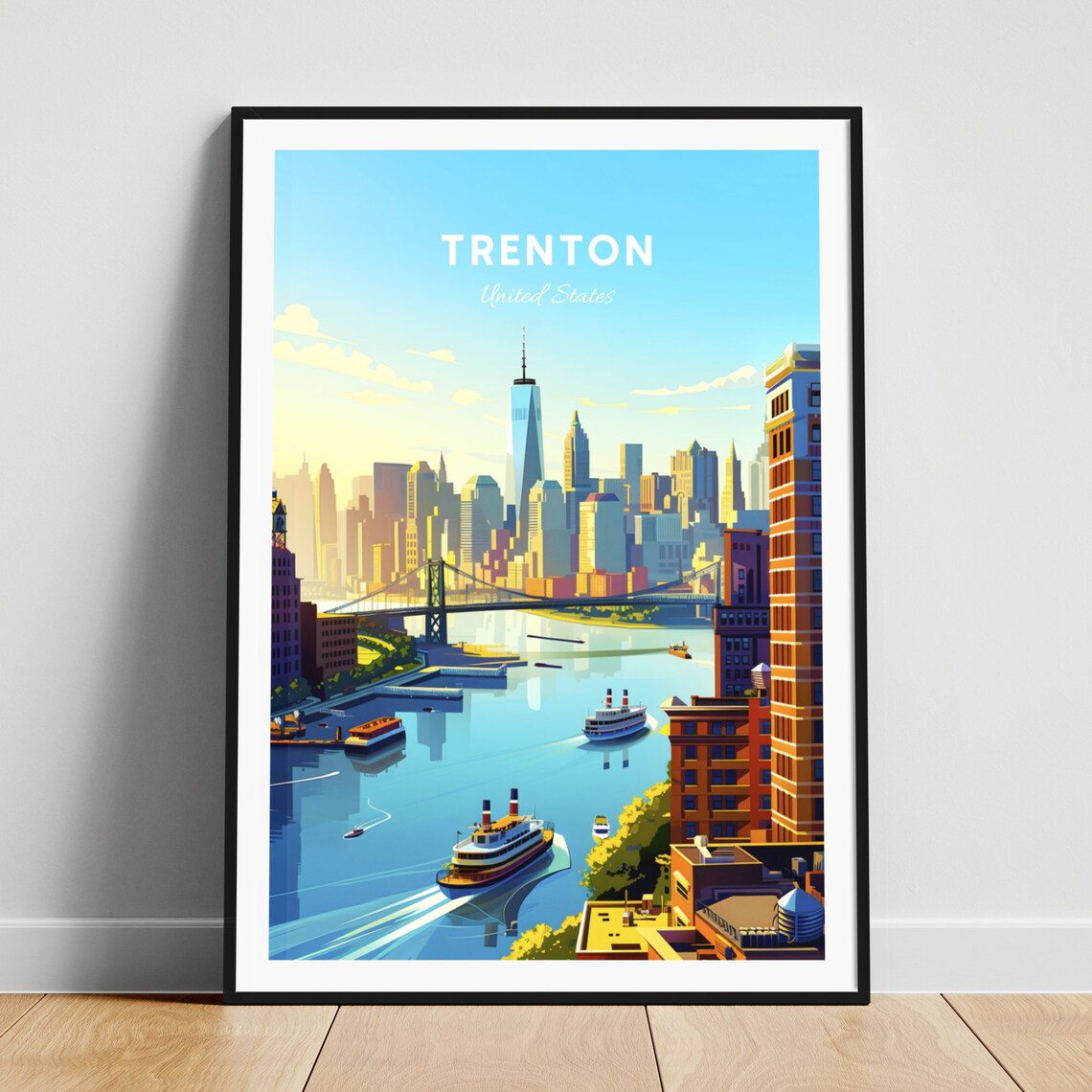 Trenton New Jersey Ferry River Skyline Bridge Vintage Travel Poster