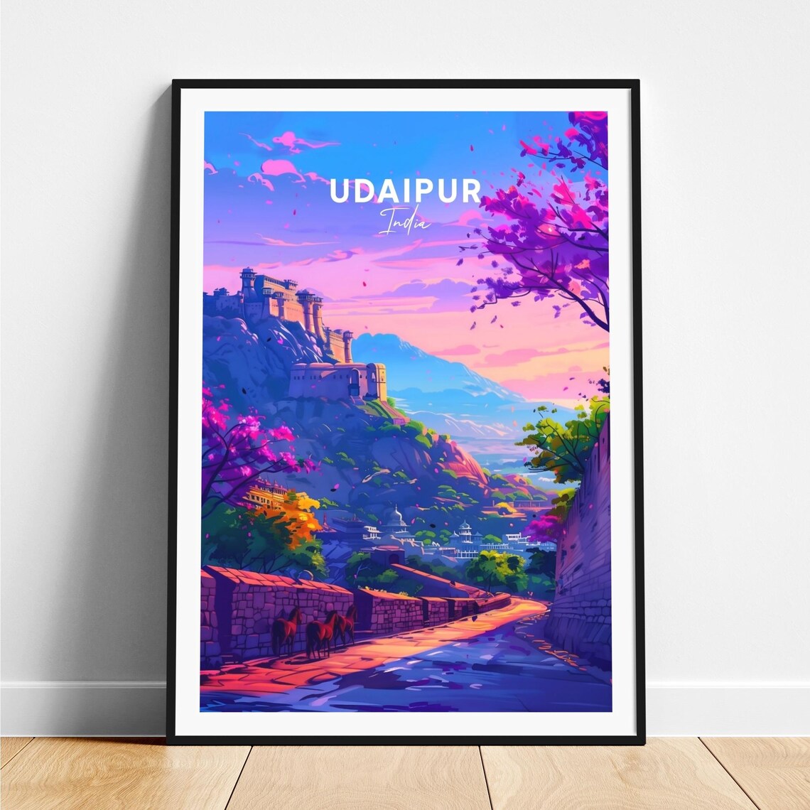 Udaipur India Hill Fort Sunset Pink Sky Horses Travel Poster