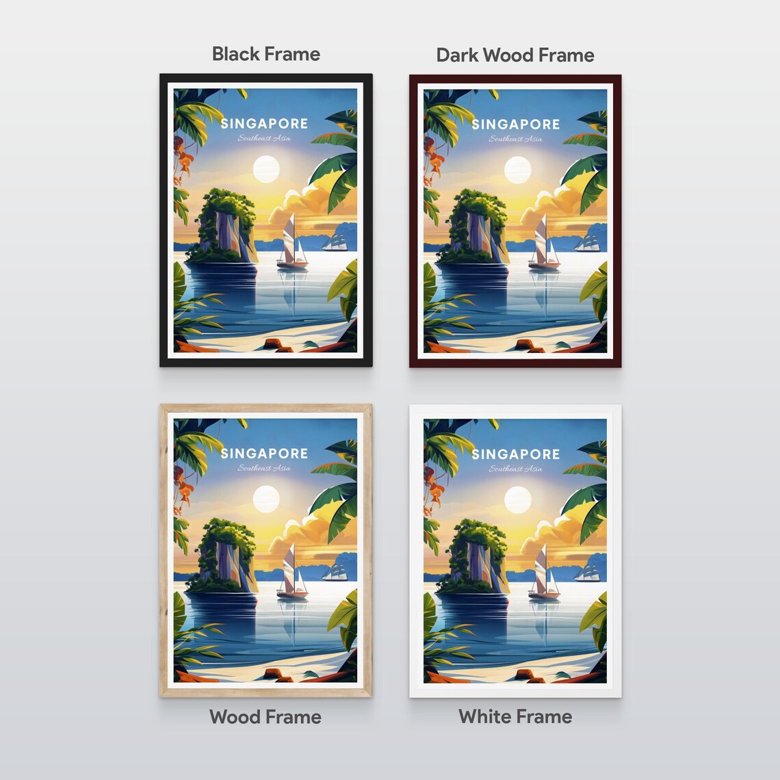 Singapore Sunset Sailboat Limestone Island Tropical Sea Travel Poster - Image 2
