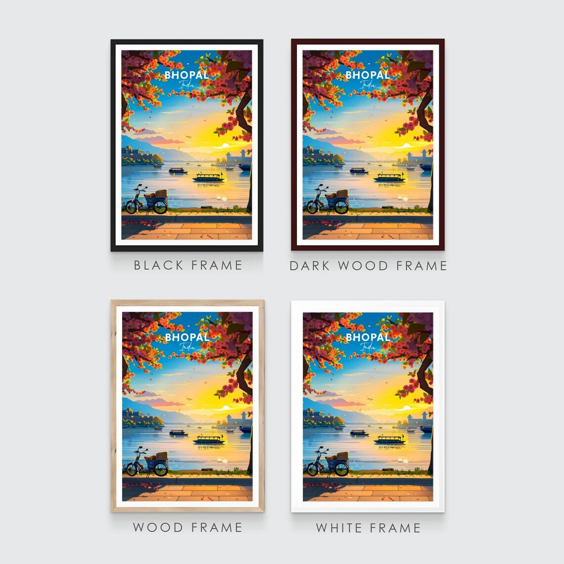 Bright Bhopal India Sunset Lake Boats Under Flowering Trees Poster - Image 3