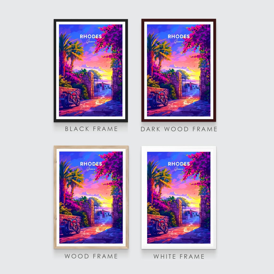 Rhodes Greece Sunset Stone Gate Bougainvillea Pink Travel Poster - Image 3