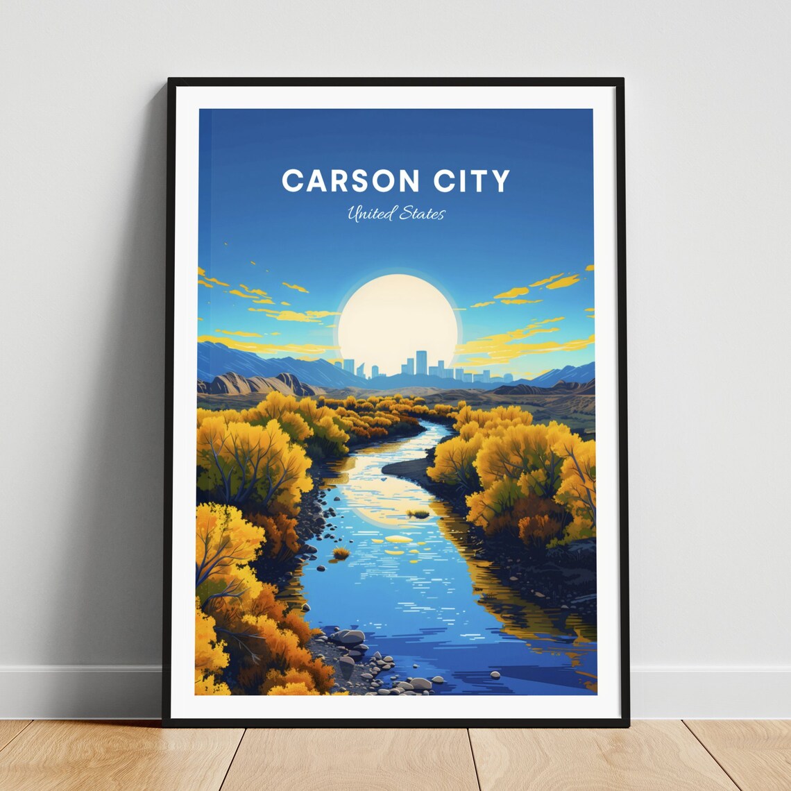 Carson City Golden River Cottonwood Trees Sunset Travel Poster