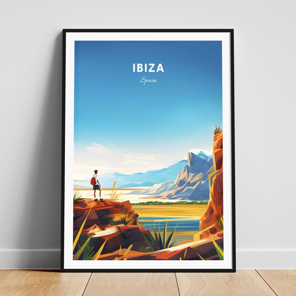 Ibiza Spain Rocky Coastal Cliff Hiker Mountain Sea View Poster