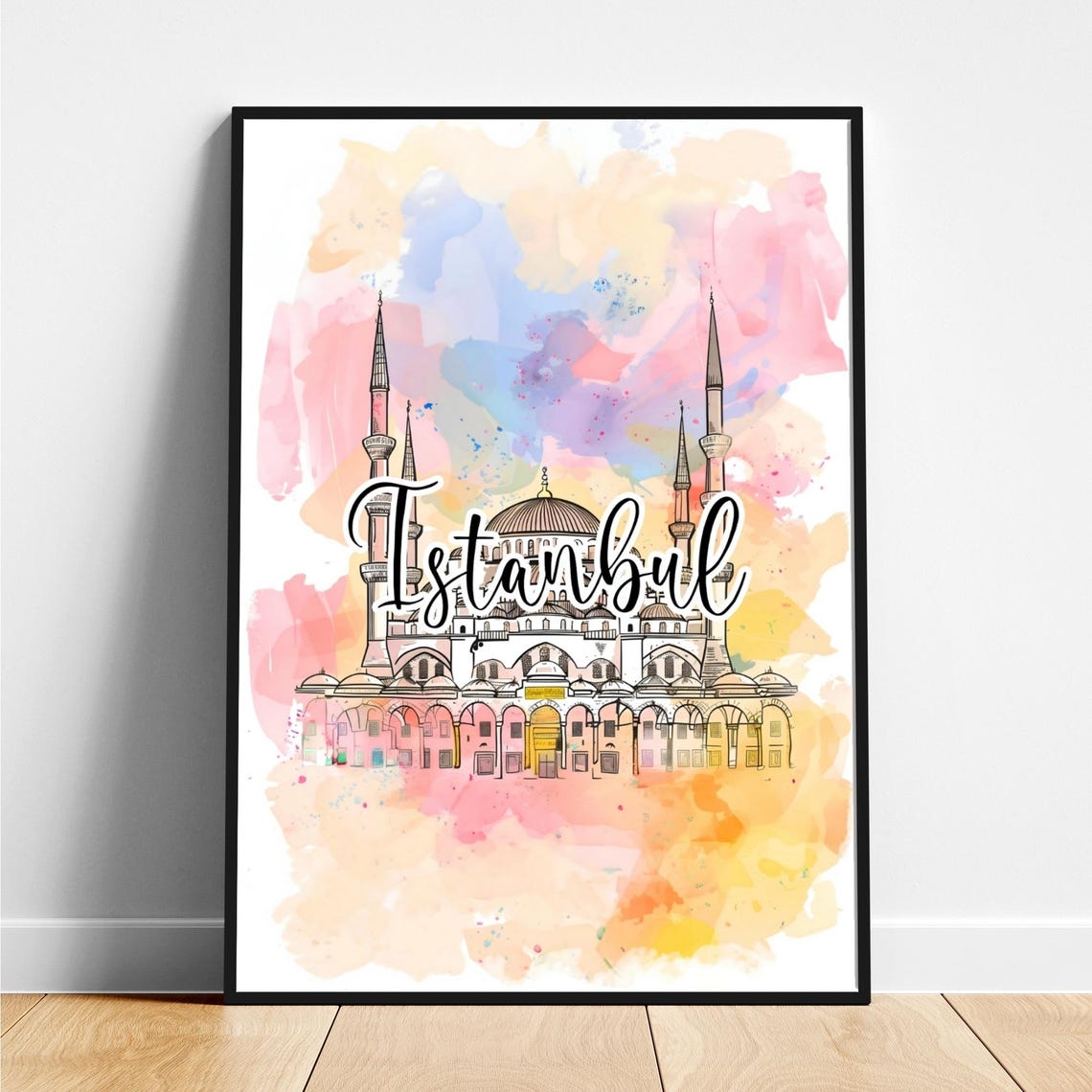 Istanbul Domed Mosque Watercolor Script Lettering Travel Poster