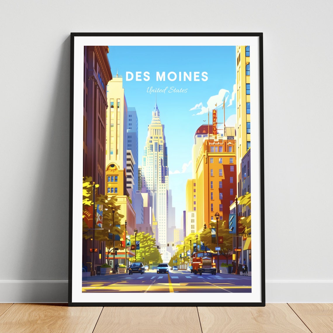Des Moines Historic Downtown Street Skyscraper Travel Poster