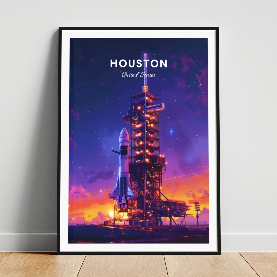 Houston Space Rocket on the Launchpad at Night Travel Poster