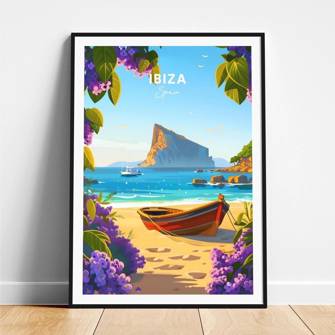 Ibiza Beach Rowboat Purple Flowers Rocky Islet Sailboat Travel Poster