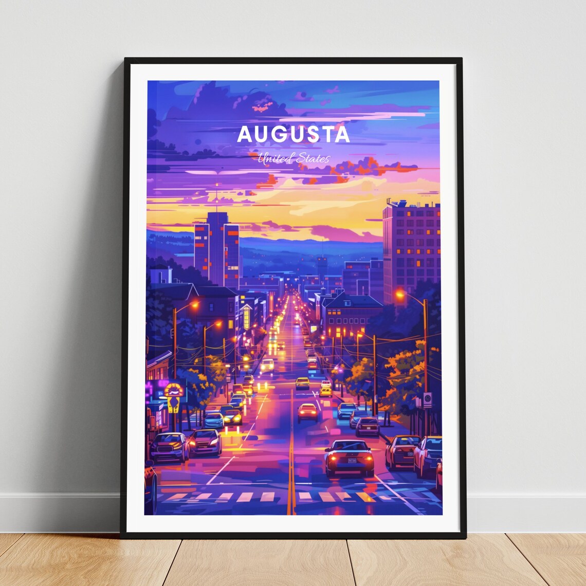 Augusta Maine Evening Downtown Street Traffic Lights Travel Poster