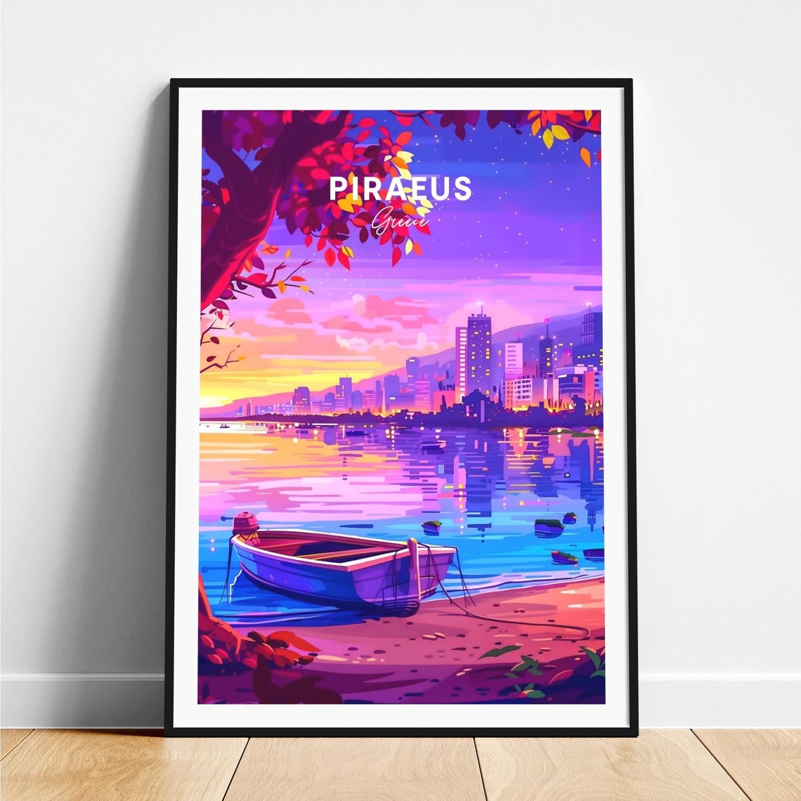 Piraeus Greece Harbor Dusk Purple Sky Boat Glow Travel Poster