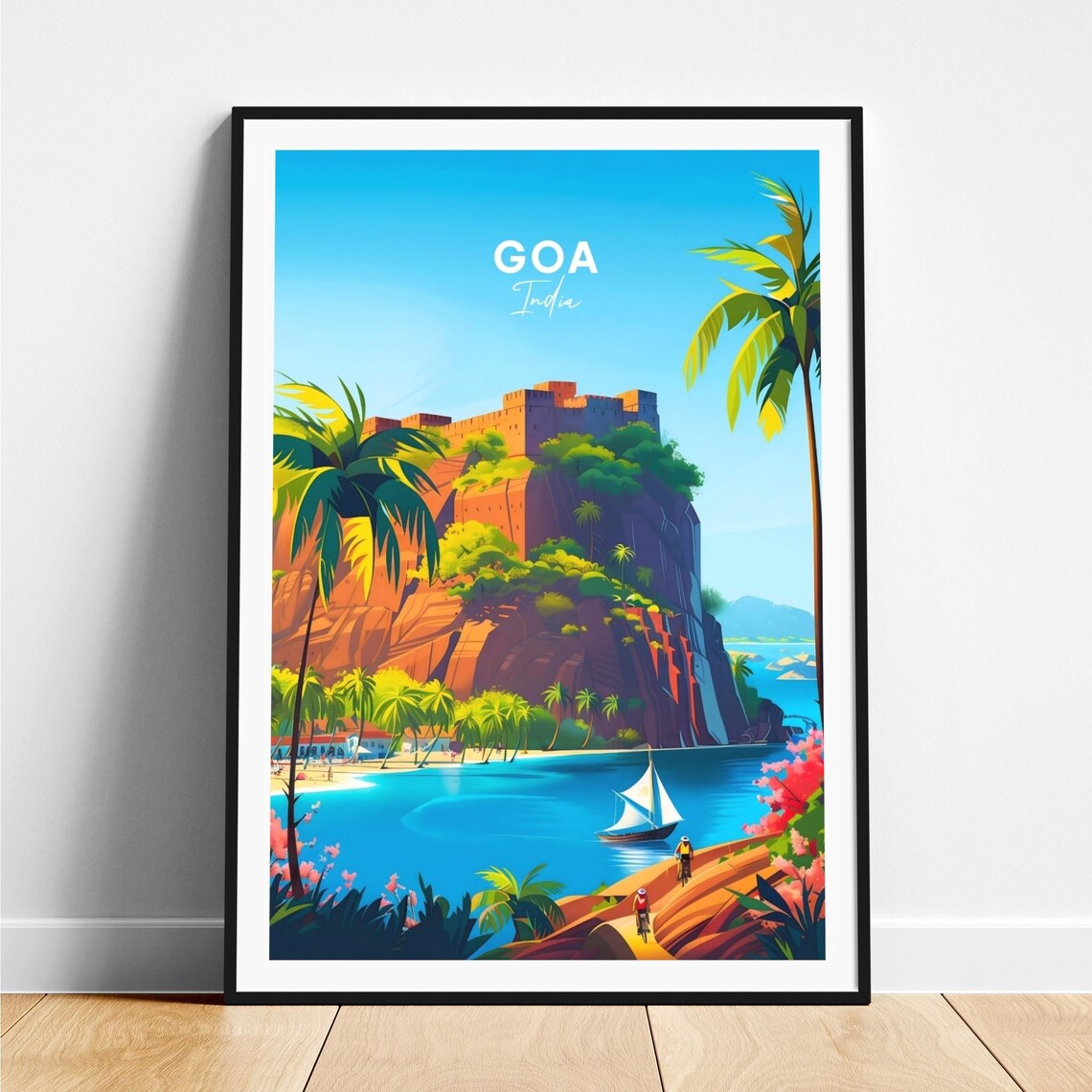 Goa India Historic Cliff Fort Sailboat Beach Palms Travel Poster