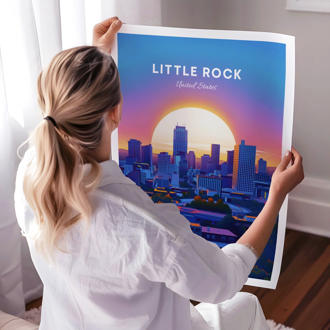 Little Rock Giant Sunrise Rising Bright Behind the Skyline Poster - Image 3