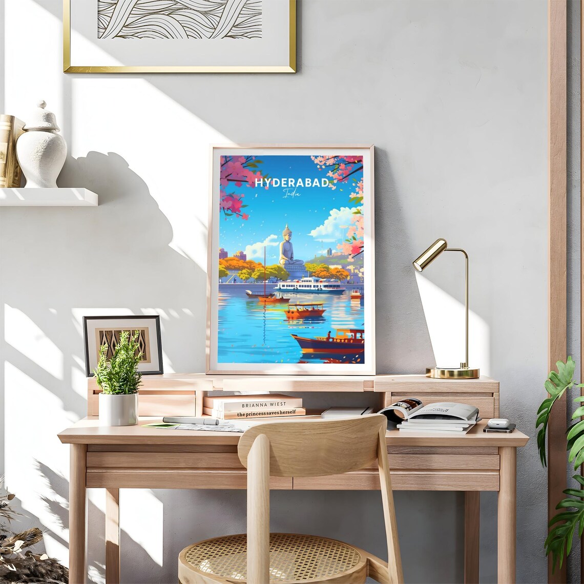Hyderabad India Lakeside Buddha Statue Boats Scene Travel Poster - Image 4