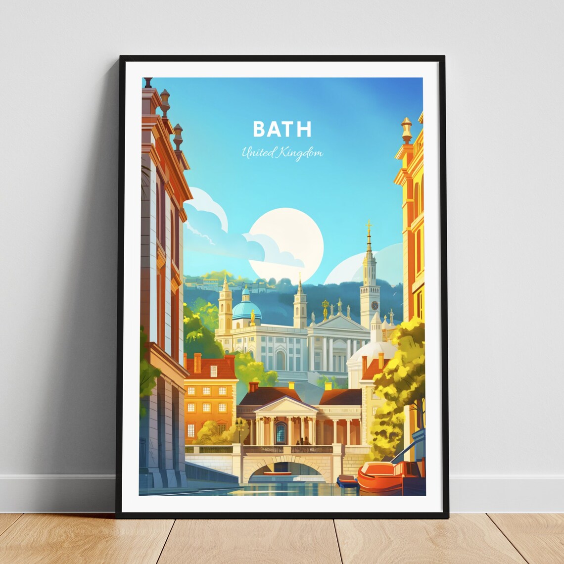 Bath Georgian Crescent Street River Bridge Golden Travel Poster