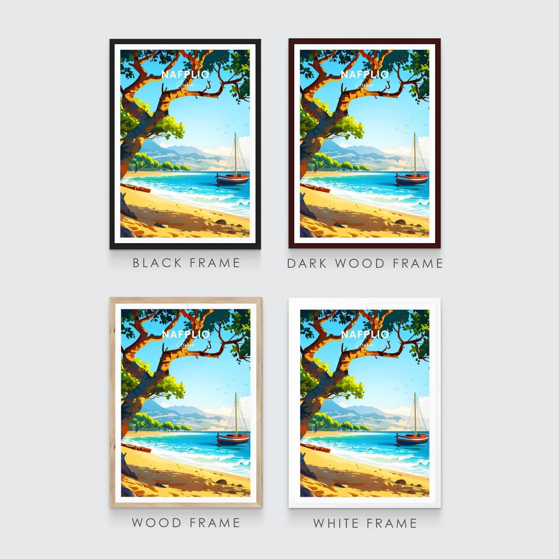 Nafplio Greece Sandy Beach Pine Tree Sailboat Shoreline Travel Poster - Image 3