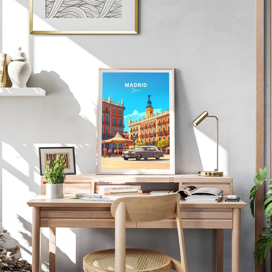 Madrid Spain Sunny Historic Square Clock Tower Classic Car Poster - Image 4