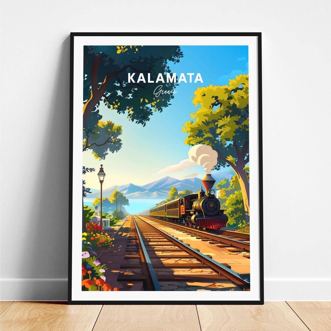 Kalamata Greece Vintage Steam Train Coast Travel Poster Scene