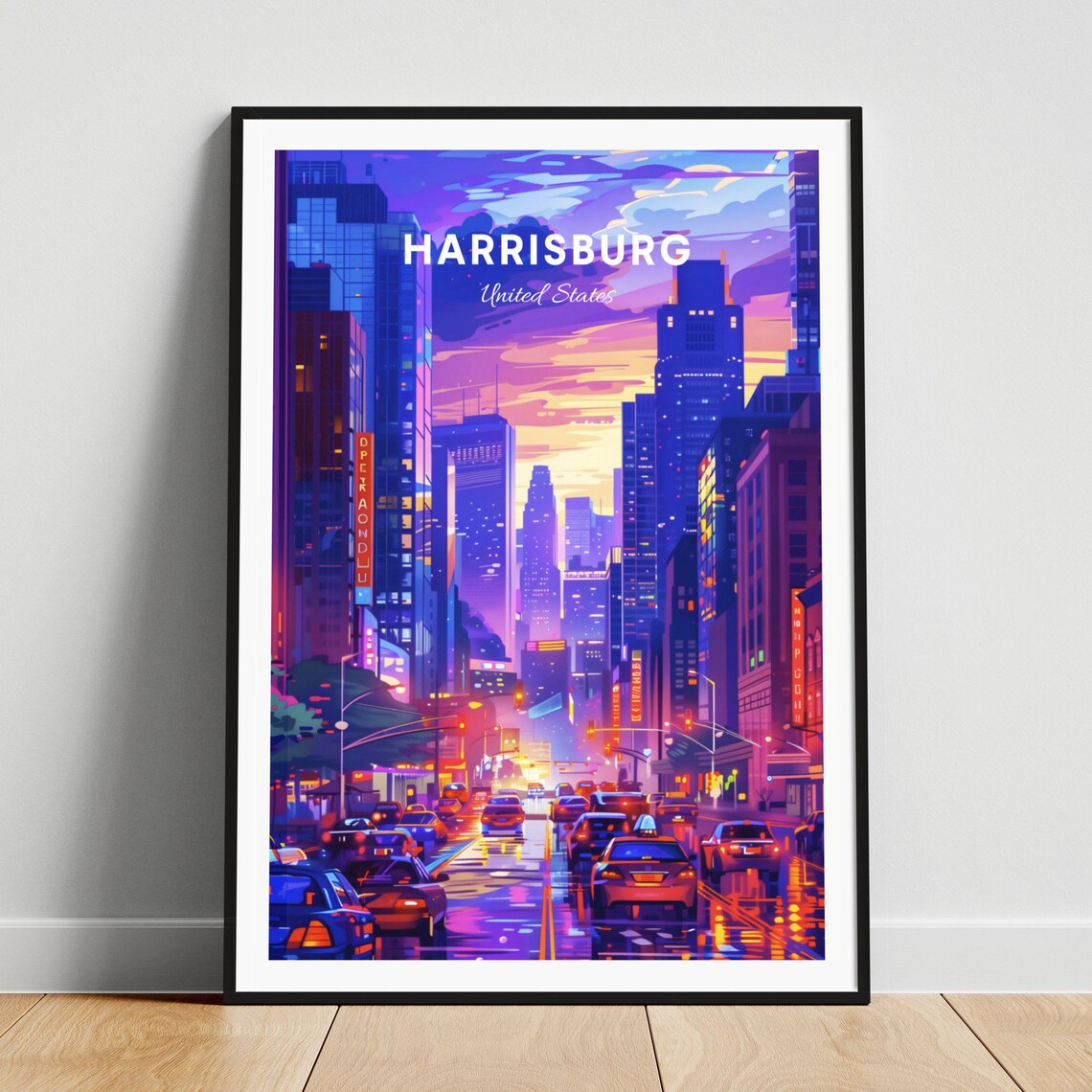Harrisburg Pennsylvania Neon Night Street Traffic Purple Travel Poster