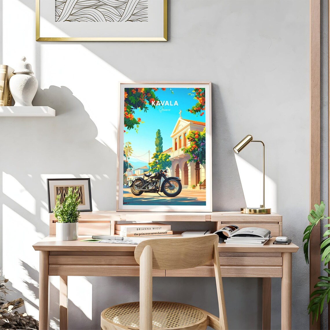 Kavala Greece Black Vintage Motorcycle by Church and Flowers Poster - Image 4
