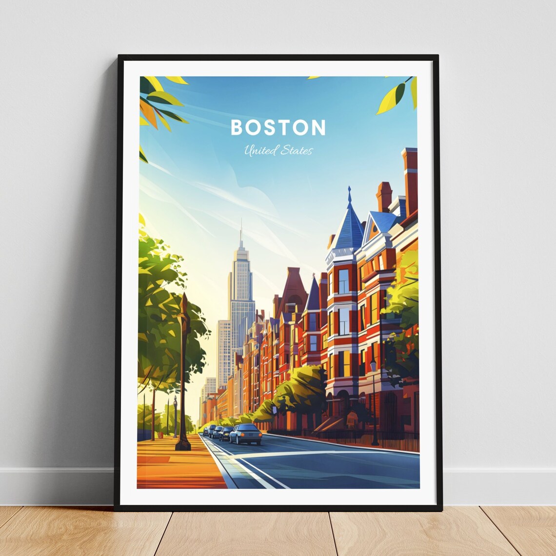 Boston Back Bay Brownstone Street Historic Charm Vintage Travel Poster