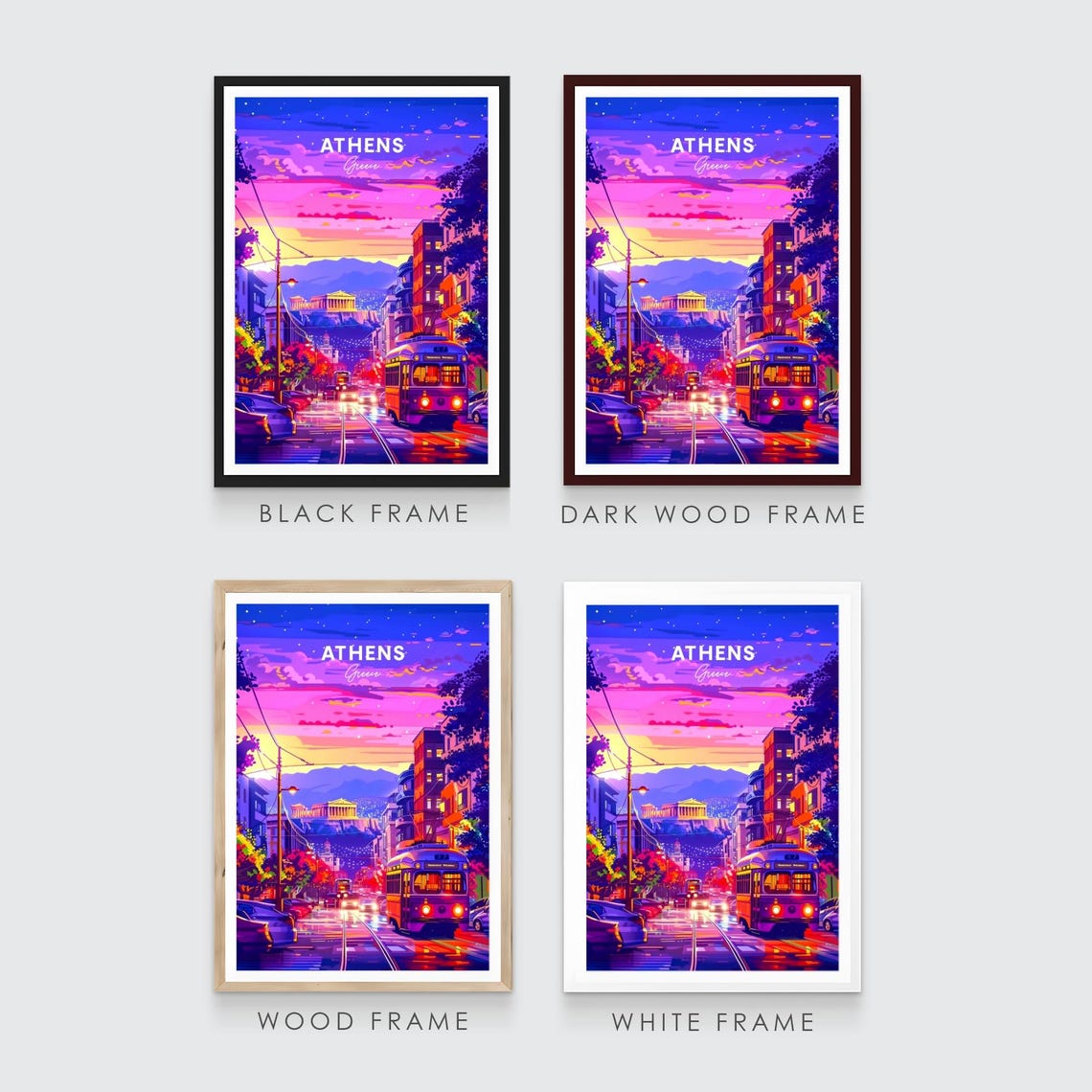 Athens Greece Night Tram Acropolis Neon Sunset View Art Poster - Image 3