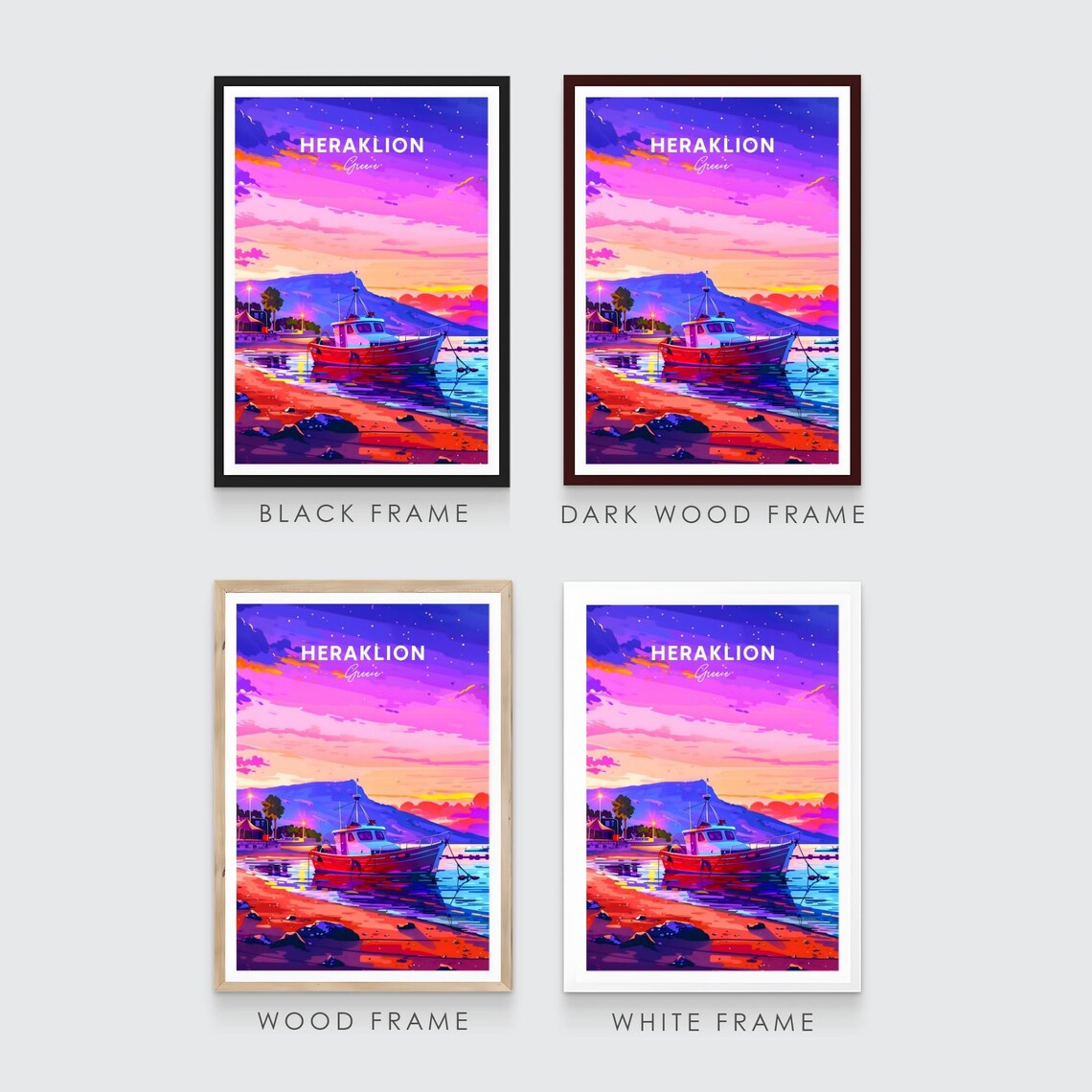 Heraklion Greece Fishing Boat Sunset Harbor Travel Art Poster - Image 3