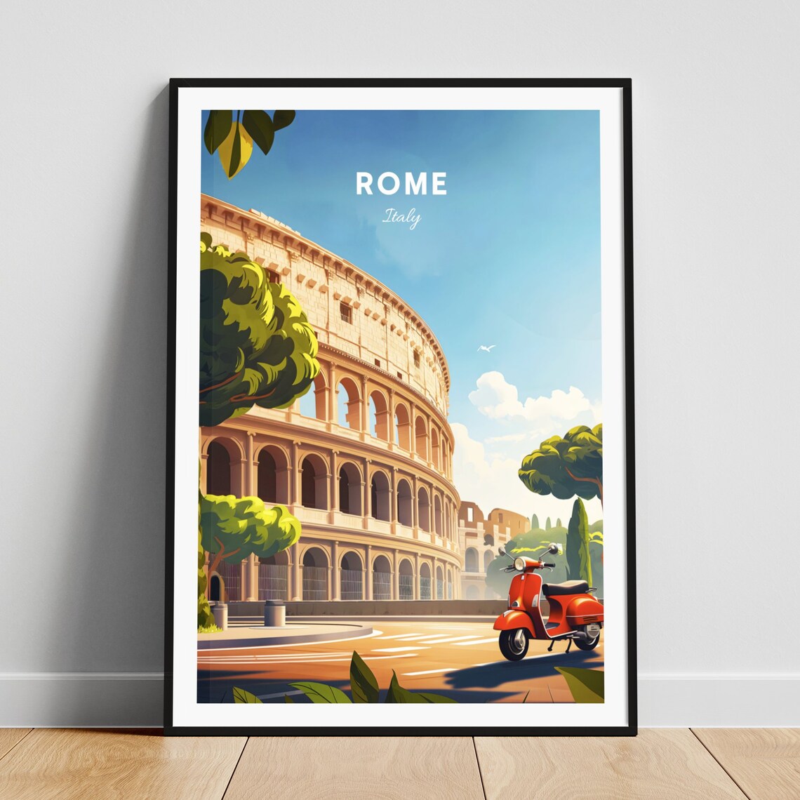 Rome Italy Colosseum Red Vespa Scooter Street Scene Travel Poster