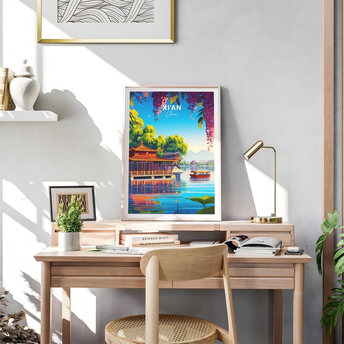 Xi'an China Serene Lakeside Pavilion Reflection Boat Scene Poster - Image 4