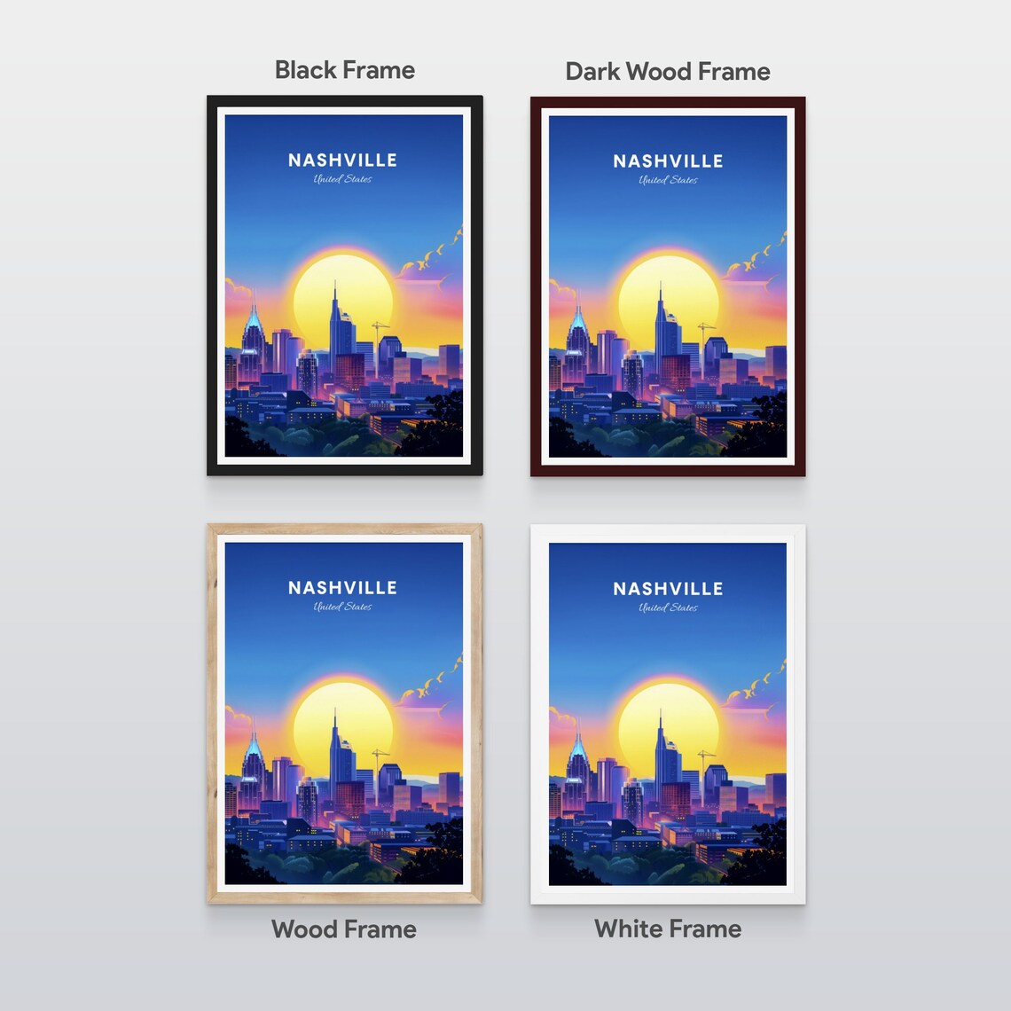 Nashville Tennessee Skyline Golden Sunset Silhouette Art Poster - Image 2