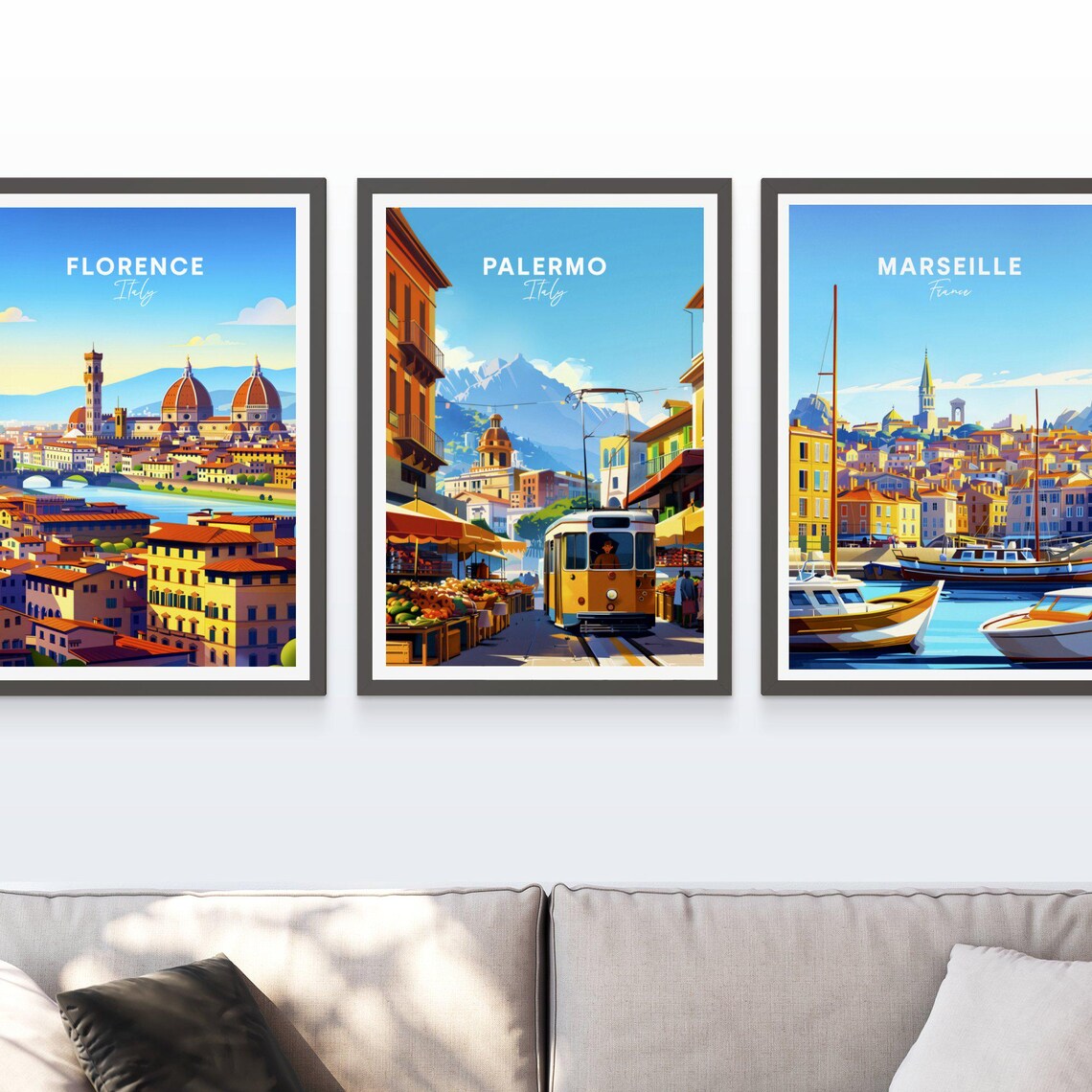Palermo Italy Street Market Tram Mountain View Vintage Travel Poster - Image 3