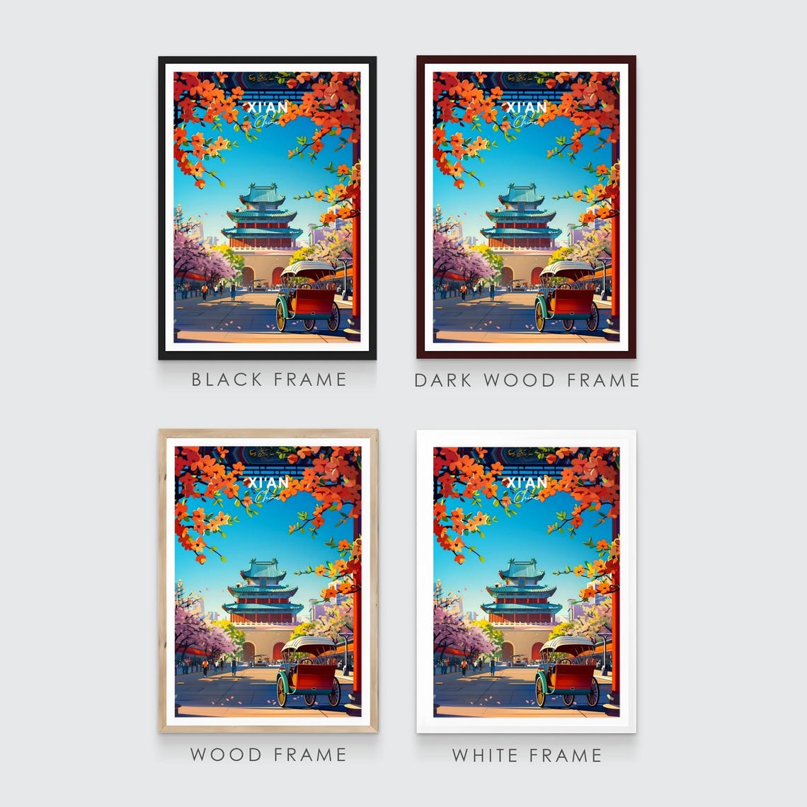 Xian China Pagoda Tower Gate Rickshaw Blossom Plaza Spring Poster - Image 3