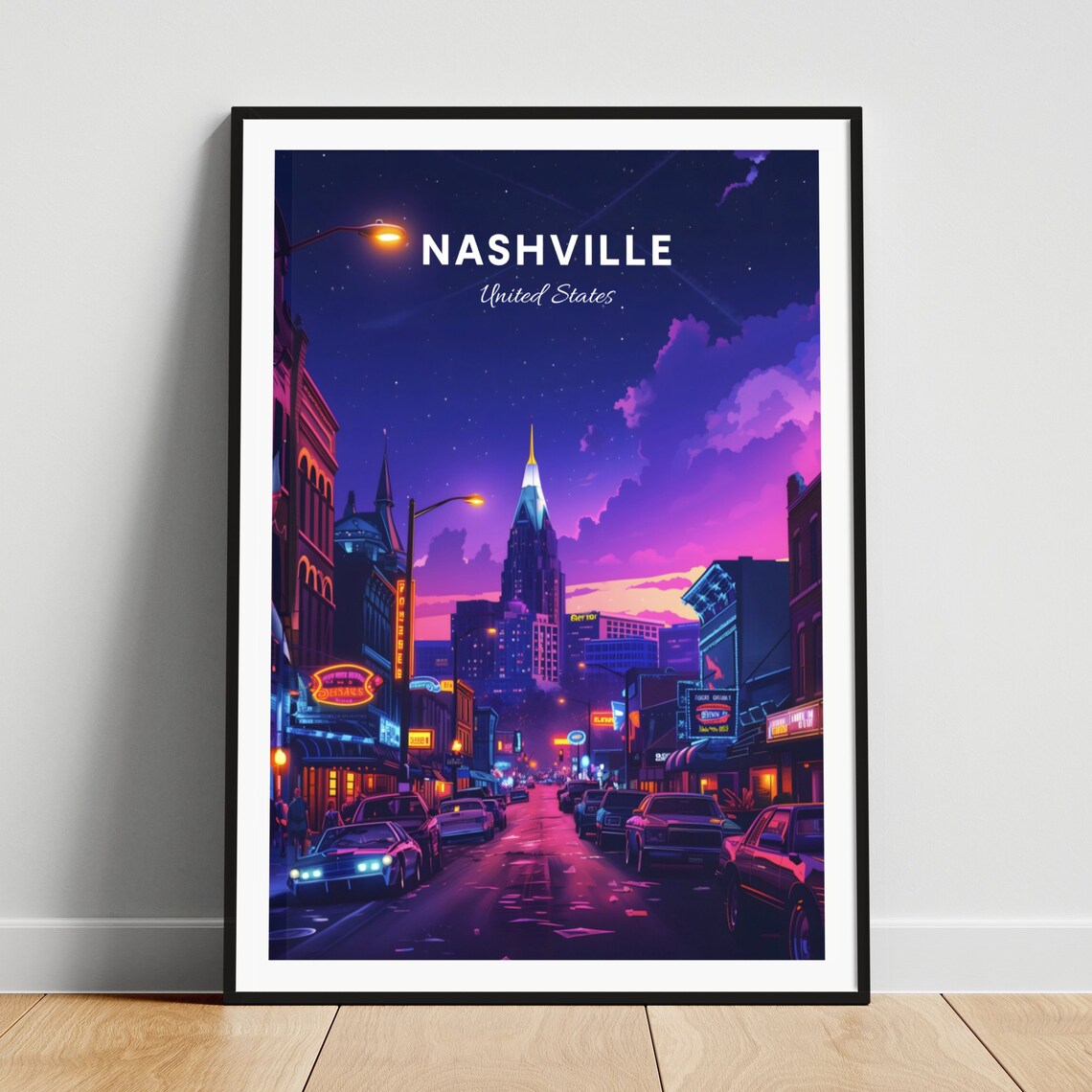 Nashville Tennessee Neon Honky Tonk Street at Night Travel Poster