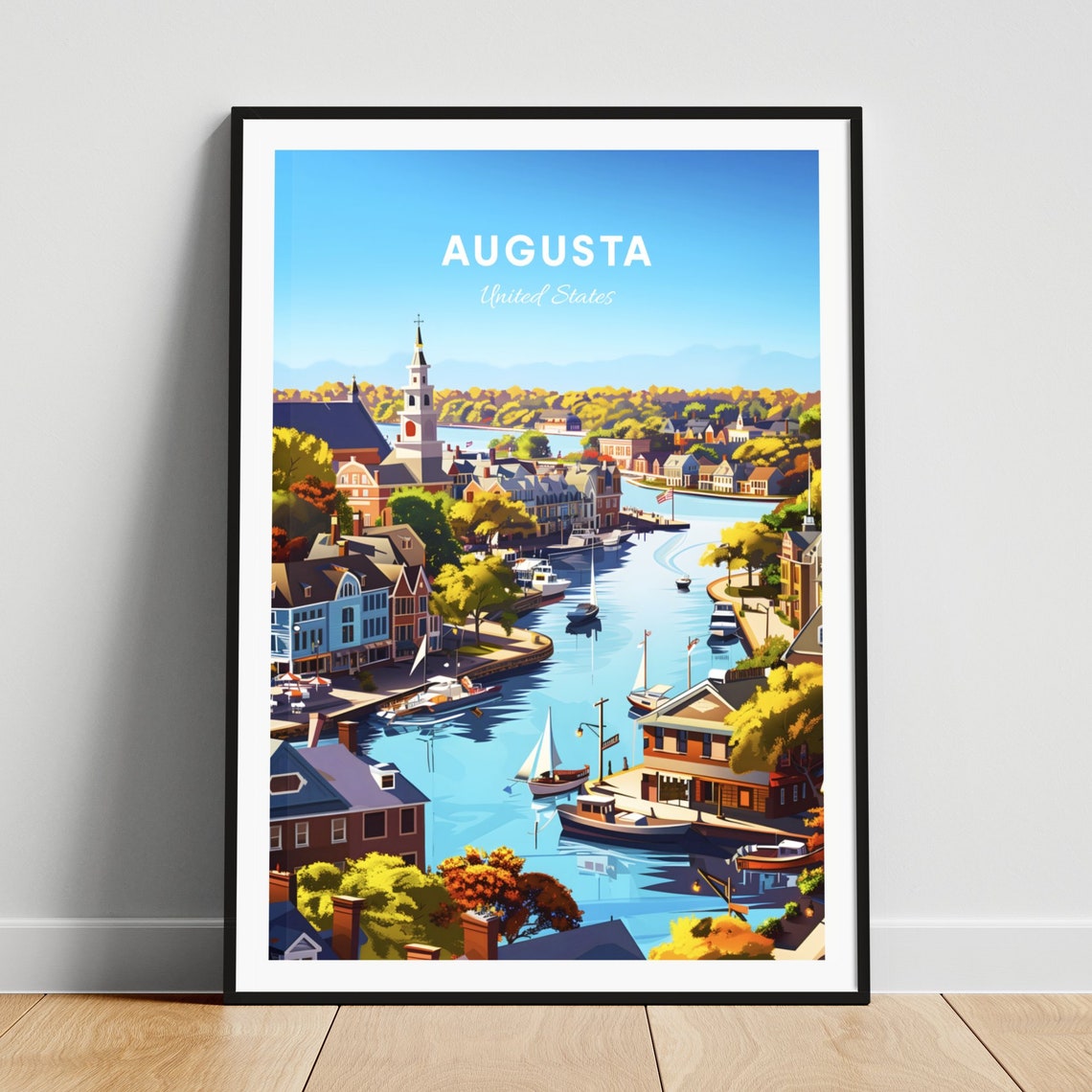 Augusta Harbor Boats Colonial Buildings Autumn Scene Travel Poster