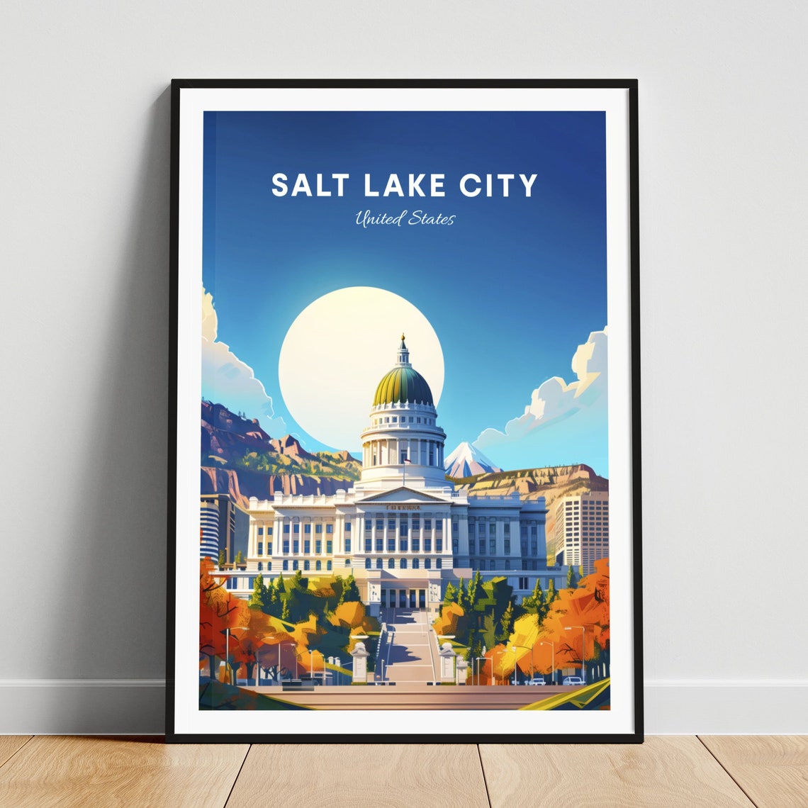 Utah State Capitol Sunset Over Mountains Autumn Travel Poster