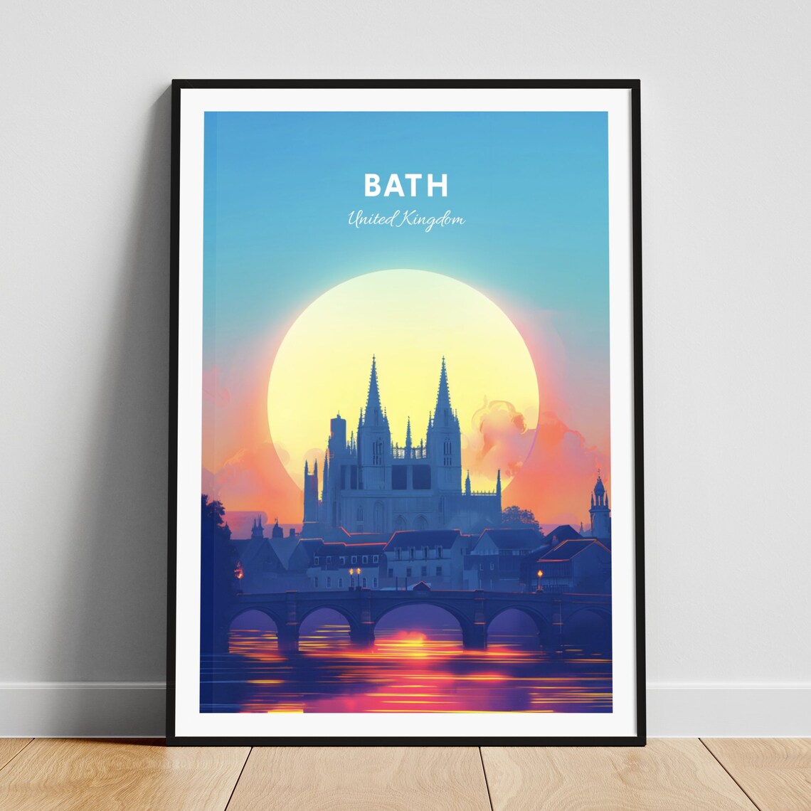 Bath Abbey Riverside Sunset Stone Bridge Silhouette Art Poster