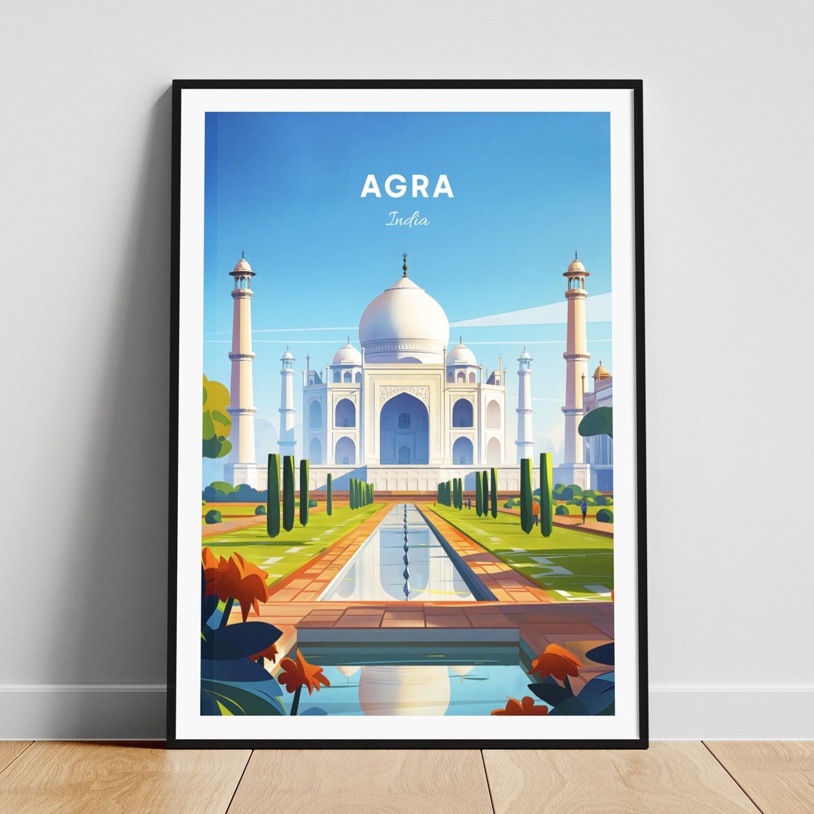 Agra India Taj Mahal Reflection Pool Gardens Sunrise Travel Poster