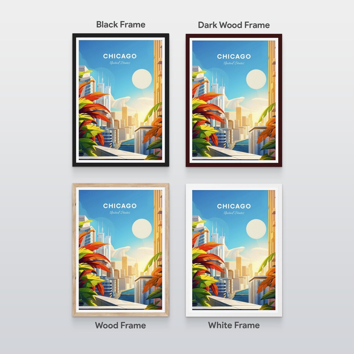Chicago Illinois Skyline Through Tropical Leaves Sunny Travel Poster - Image 2