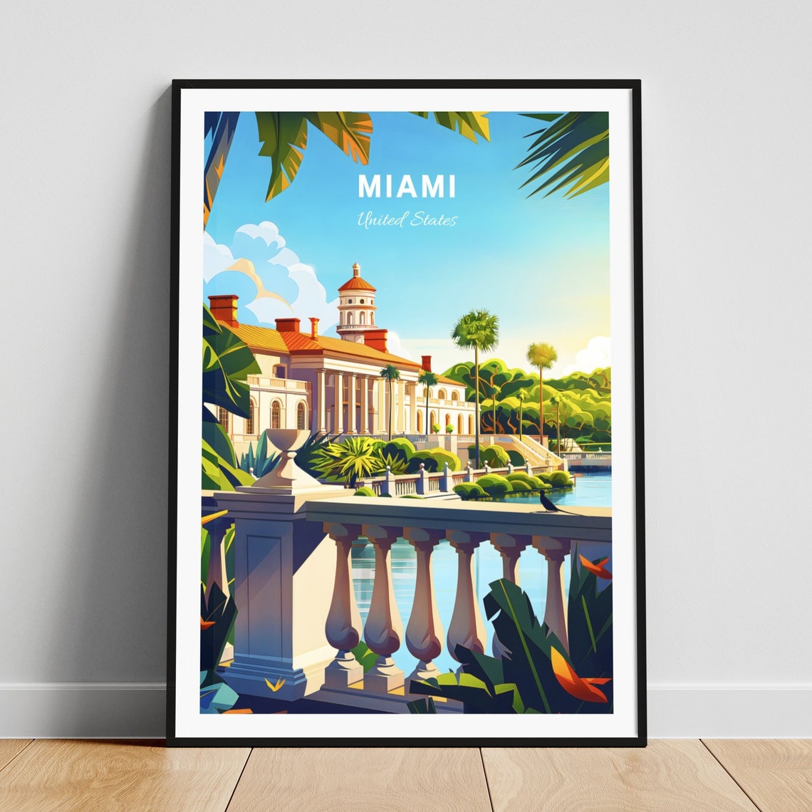 Miami Florida Elegant Villa Garden Terrace Waterfront Travel Poster