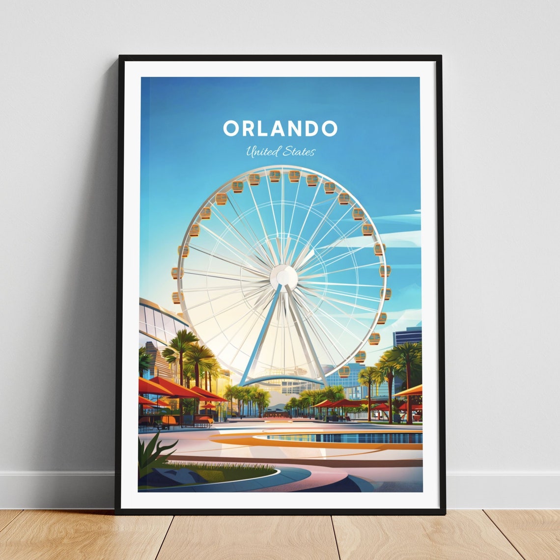 Orlando Ferris Wheel Sunny Plaza Palm Trees Vintage Travel Poster