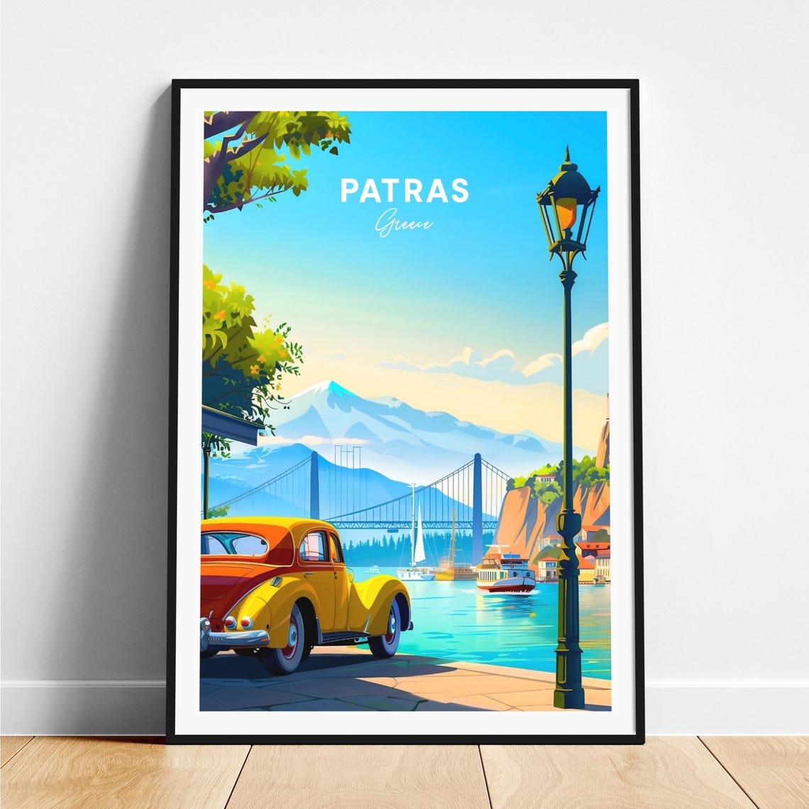 Patras Greece Yellow Vintage Car by Bridge with Mountain View Poster