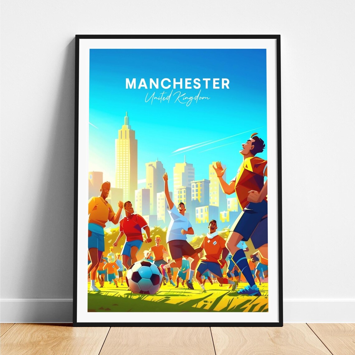Manchester Soccer Players City Skyline Action Game Travel Poster
