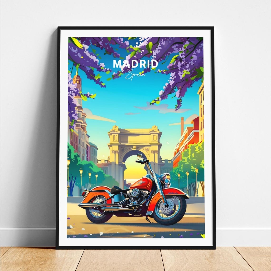 Madrid Spain Sunny Triumphal Arch Red Motorcycle Blossom Poster