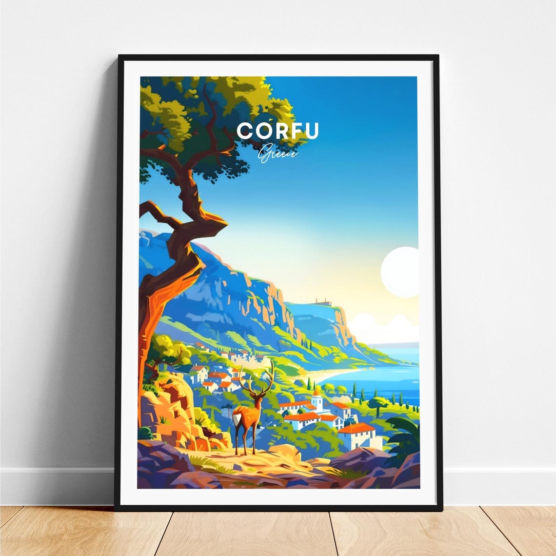 Corfu Greece Deer Cliff View Coastal Village Bay Travel Poster