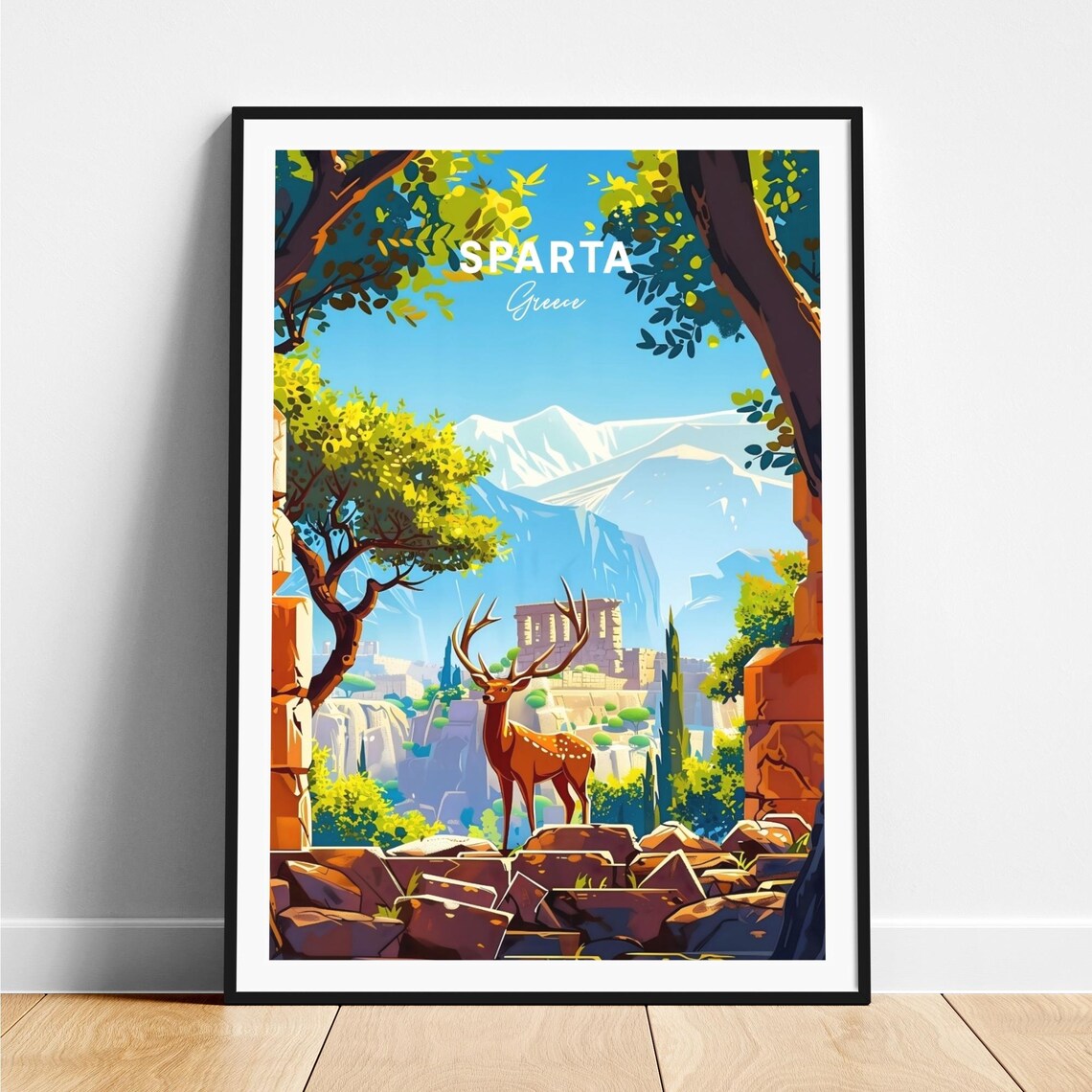 Sparta Greece Stag Ancient Ruins Snowy Mountain Peak Travel Poster