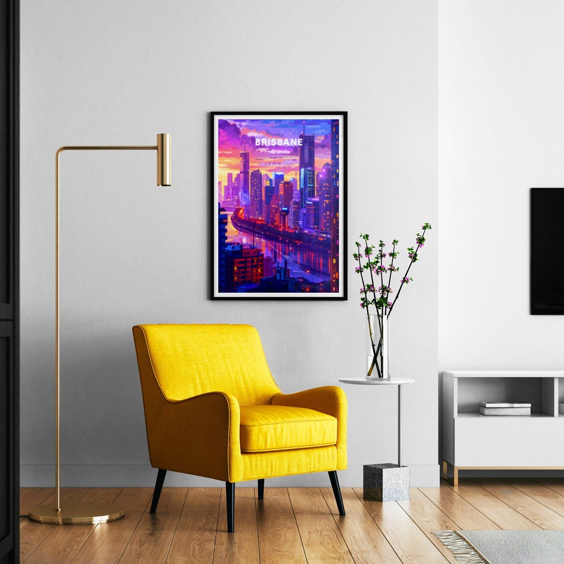 Brisbane Australia Night Skyline Neon Lights City Art Poster - Image 2