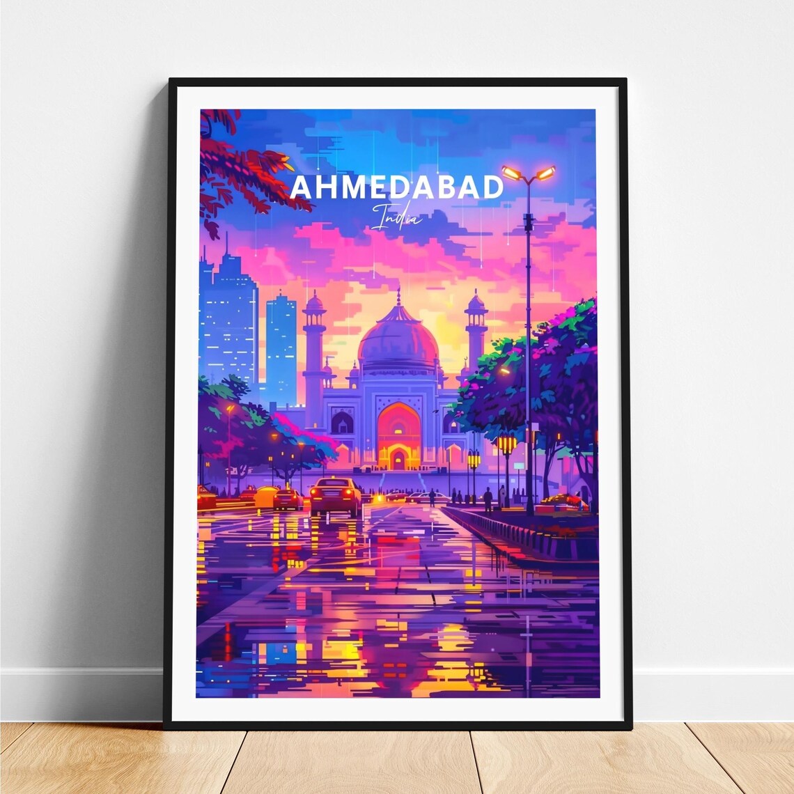 Ahmedabad Neon Night Street Rain Reflections India Travel Poster