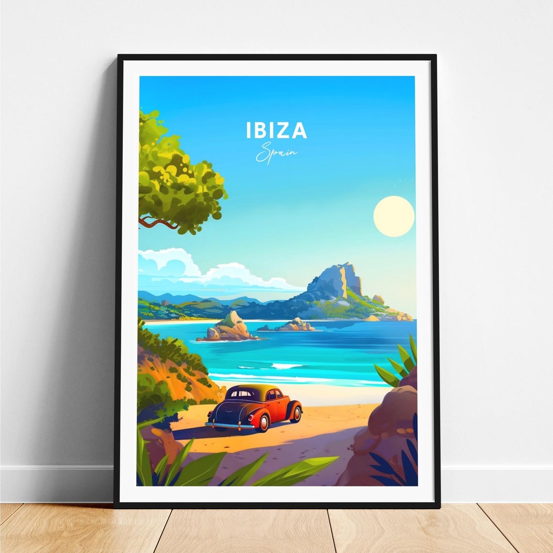 Ibiza Spain Vintage Red Car Beach Turquoise Bay Rocky Islets Poster
