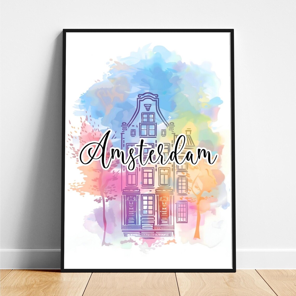 Amsterdam Canal Houses Watercolor Script Lettering Travel Poster